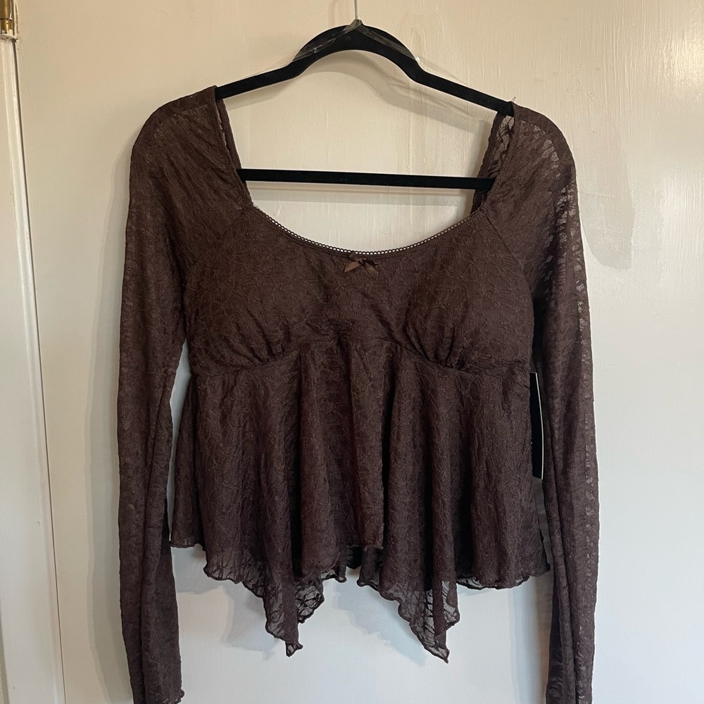 H+H Chic Brown Lace Women's Cropped Blouse With Padded Inserts Size XL NWT